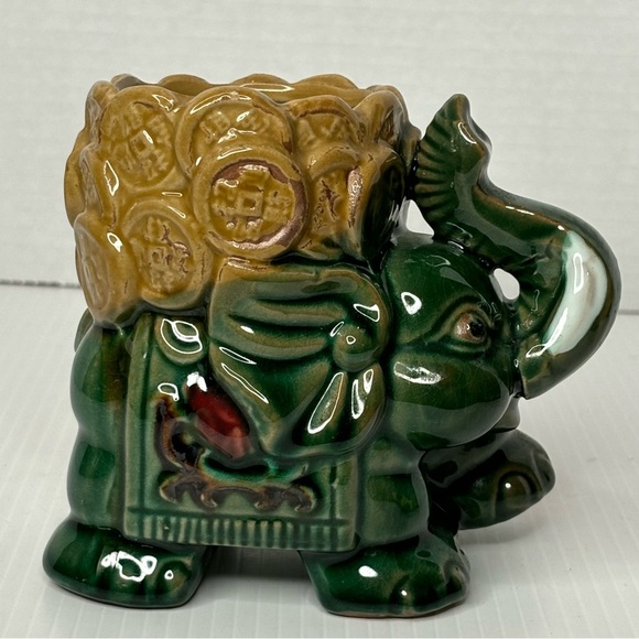 Good Luck Forest green Trunk Up Elephant With beige Coin Basket Planter 5” - Picture 4 of 9